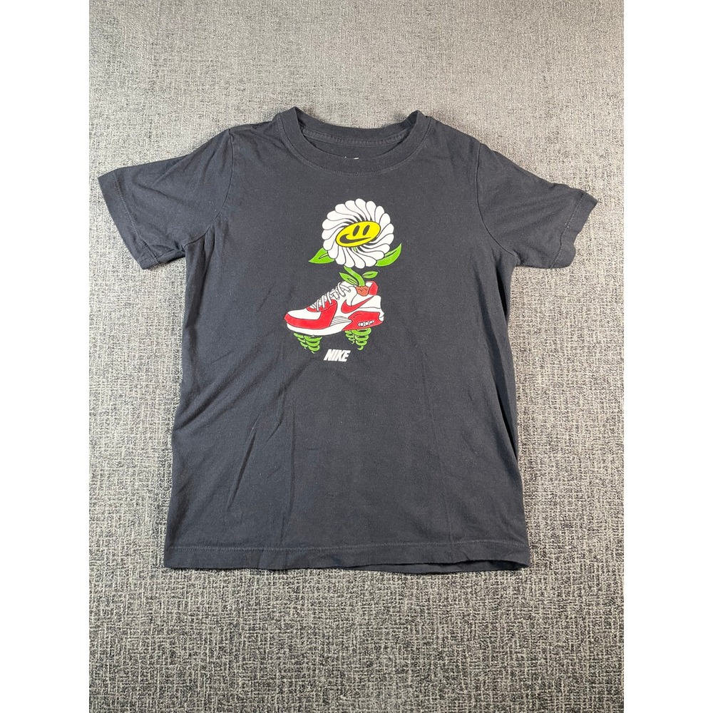 Nike Kids Graphic T-Shirt Black Sneaker Flower Smiley Face Size Medium M